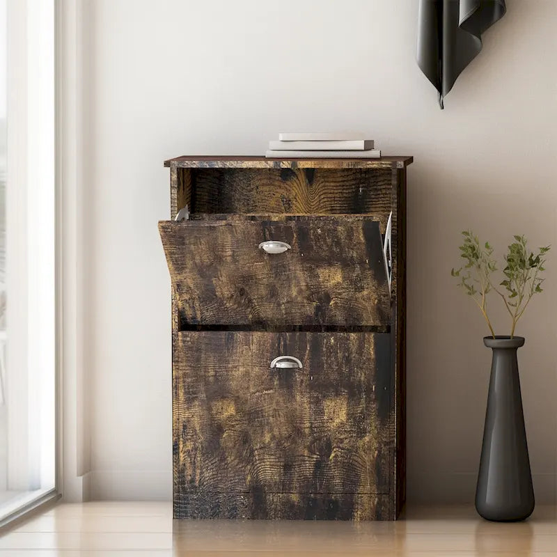 Meuble à chaussures étroit avec 2 tiroirs pour entrée, couleur bois naturel
