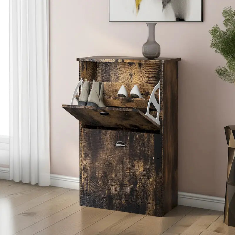 Meuble à chaussures étroit avec 2 tiroirs pour entrée, couleur bois naturel