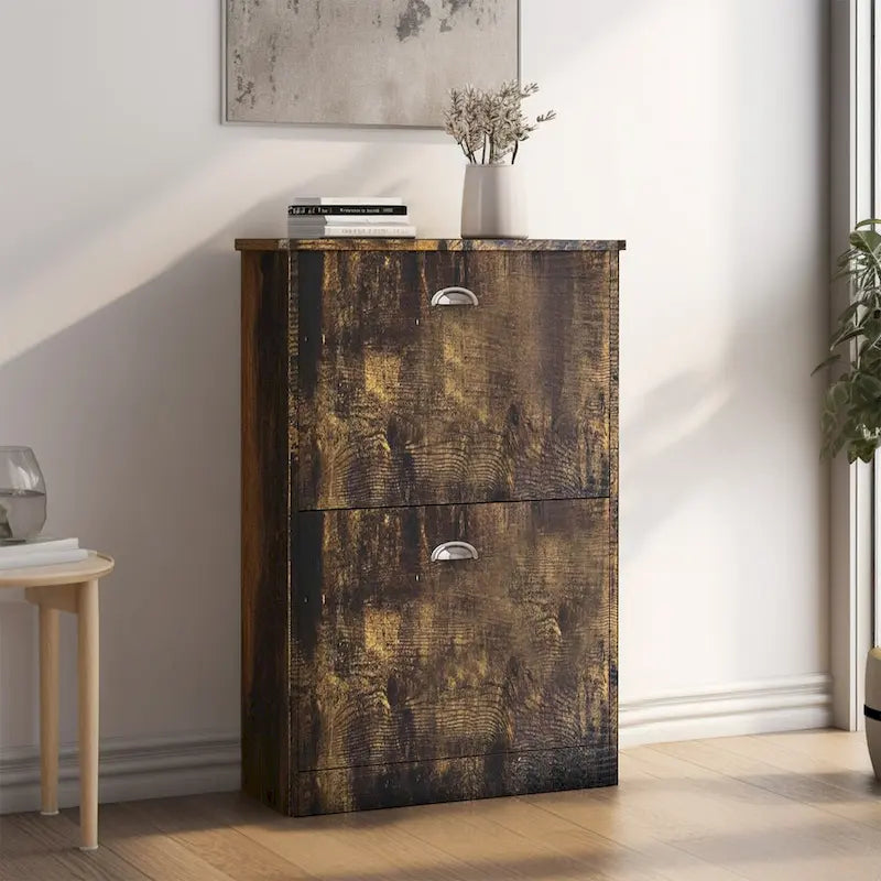 Meuble à chaussures étroit avec 2 tiroirs pour entrée, couleur bois naturel