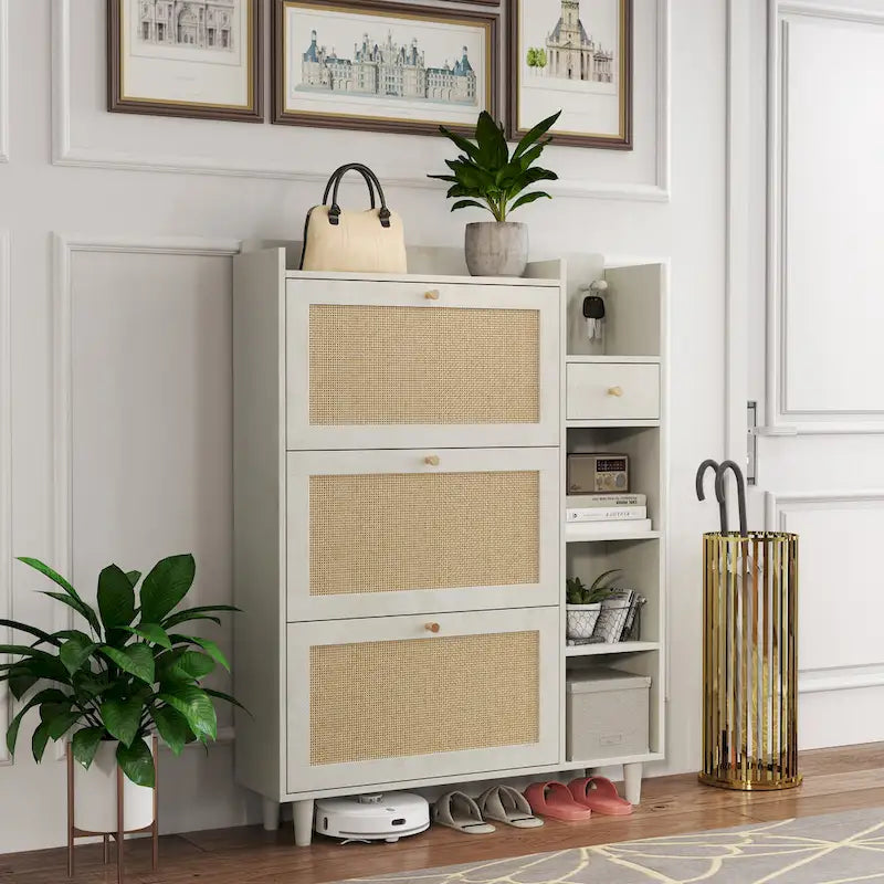 Meuble à chaussures style bohème avec 3 tiroirs basculants en rotin, 3 étagères carrées et 1 tiroir de rangement