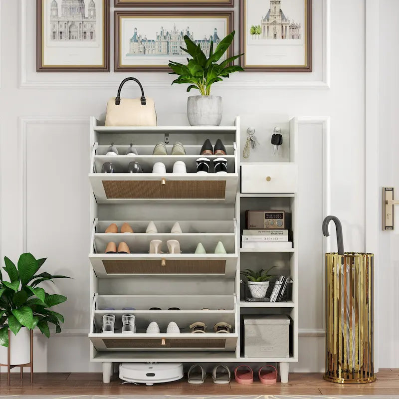 Meuble à chaussures style bohème avec 3 tiroirs basculants en rotin, 3 étagères carrées et 1 tiroir de rangement