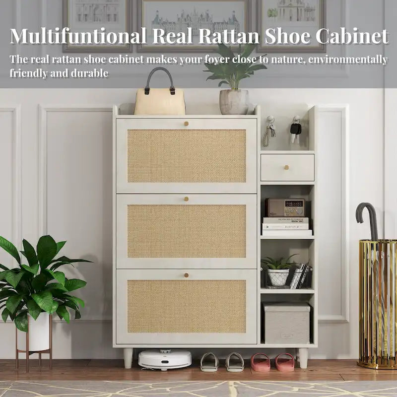 Meuble à chaussures style bohème avec 3 tiroirs basculants en rotin, 3 étagères carrées et 1 tiroir de rangement