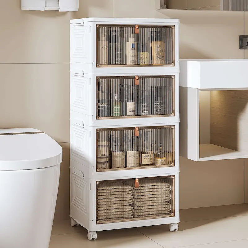 Meuble de rangement de salle de bain à 4 niveaux, bacs de rangement avec couvercle, boîtes de rangement empilables, organisateurs de rangement pliables