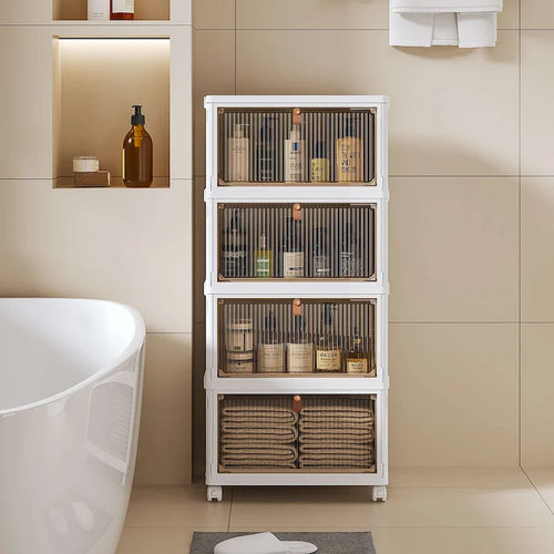 Meuble de rangement de salle de bain à 4 niveaux, bacs de rangement avec couvercle, boîtes de rangement empilables, organisateurs de rangement pliables