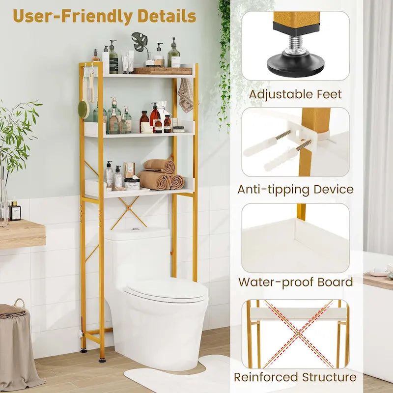 Étagère de salle de bain 3 niveaux à poser au-dessus des toilettes, cadre en métal, gain de place