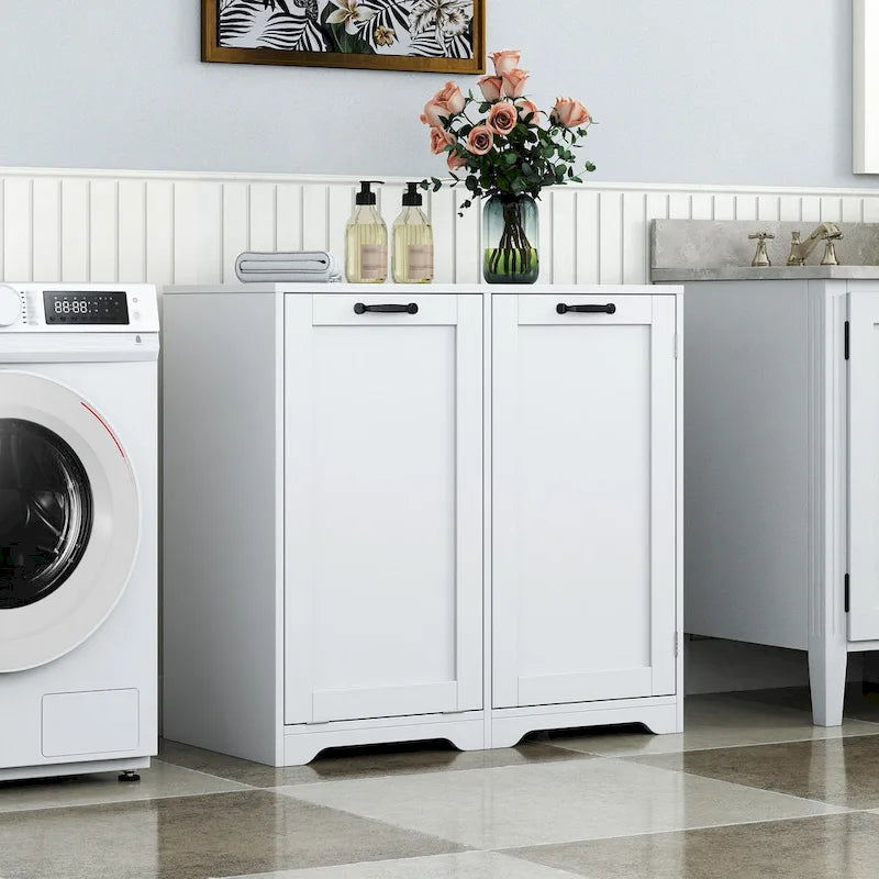 Meuble de salle de bain sur pied avec panier à linge basculant, étagère réglable et étagères de porte