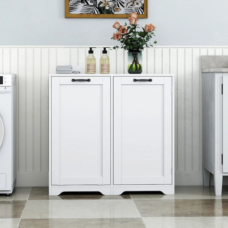 Meuble de salle de bain sur pied avec panier à linge basculant, étagère réglable et étagères de porte