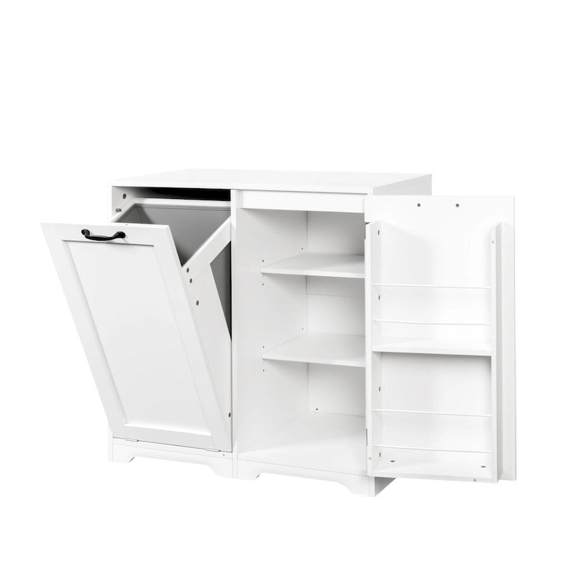 Meuble de salle de bain sur pied avec panier à linge basculant, étagère réglable et étagères de porte