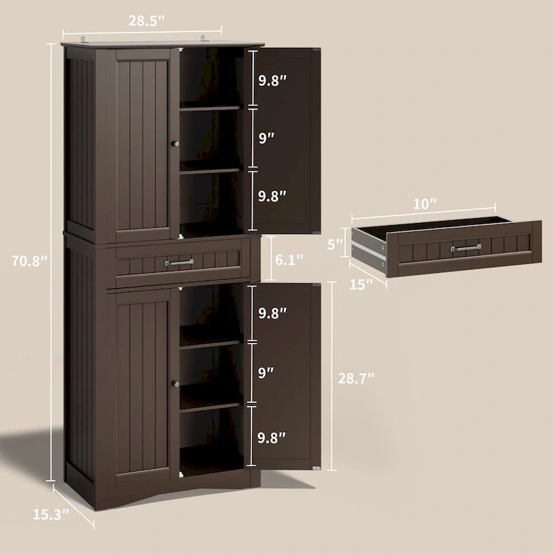 Armoire de rangement de cuisine, 180 cm, 4 portes et 4 étagères réglables