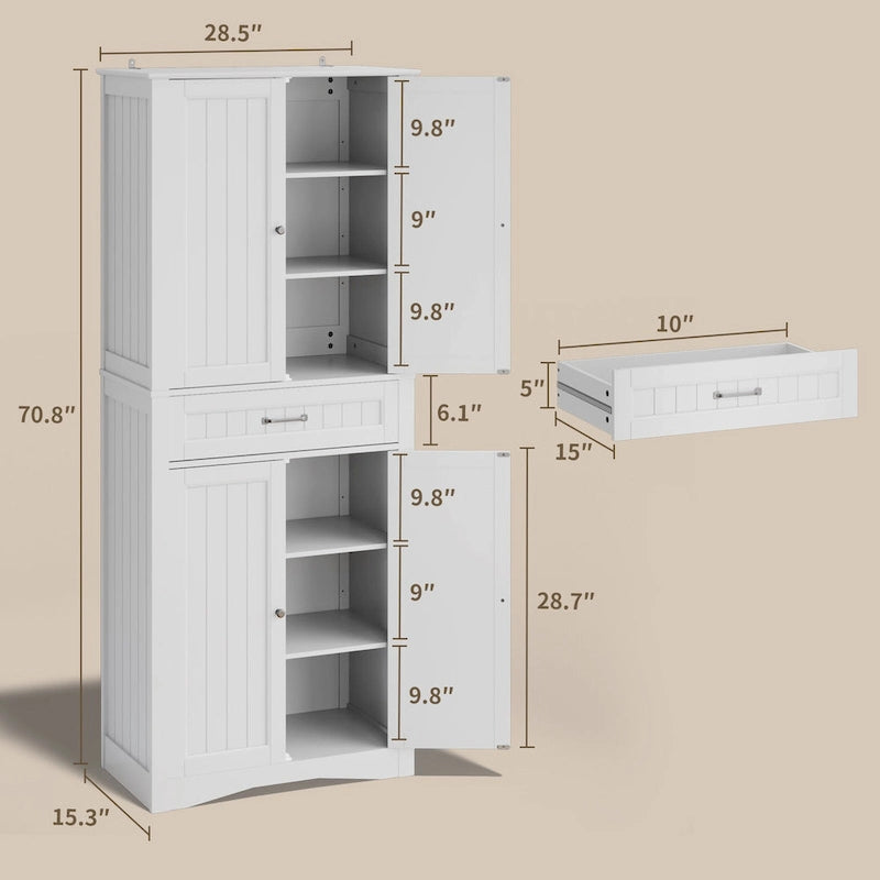 Armoire de rangement de cuisine, 180 cm, 4 portes et 4 étagères réglables