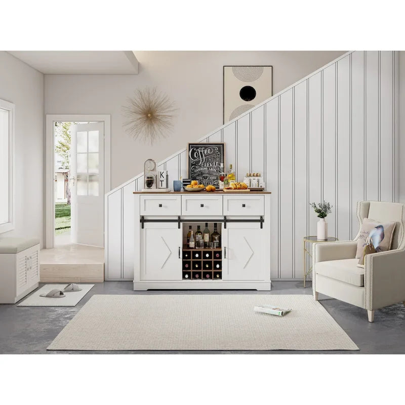 Buffet Cabinet with Sliding Barn Door, Coffee Bar Cabinet with Glass Rack, Bar Cabinet with Storage Shelves and Drawers