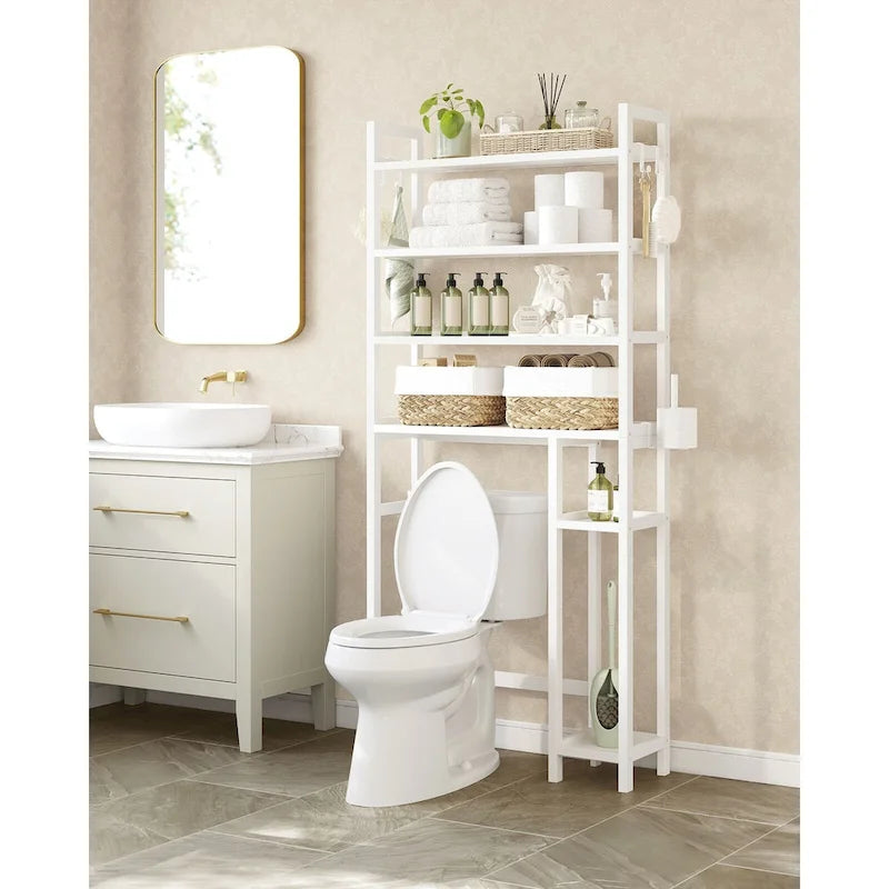 Étagère de rangement gain de place à 4 niveaux au-dessus des toilettes avec tablettes réglables et cadre en osier - 83 cm L x 26 cm l x 185 cm H