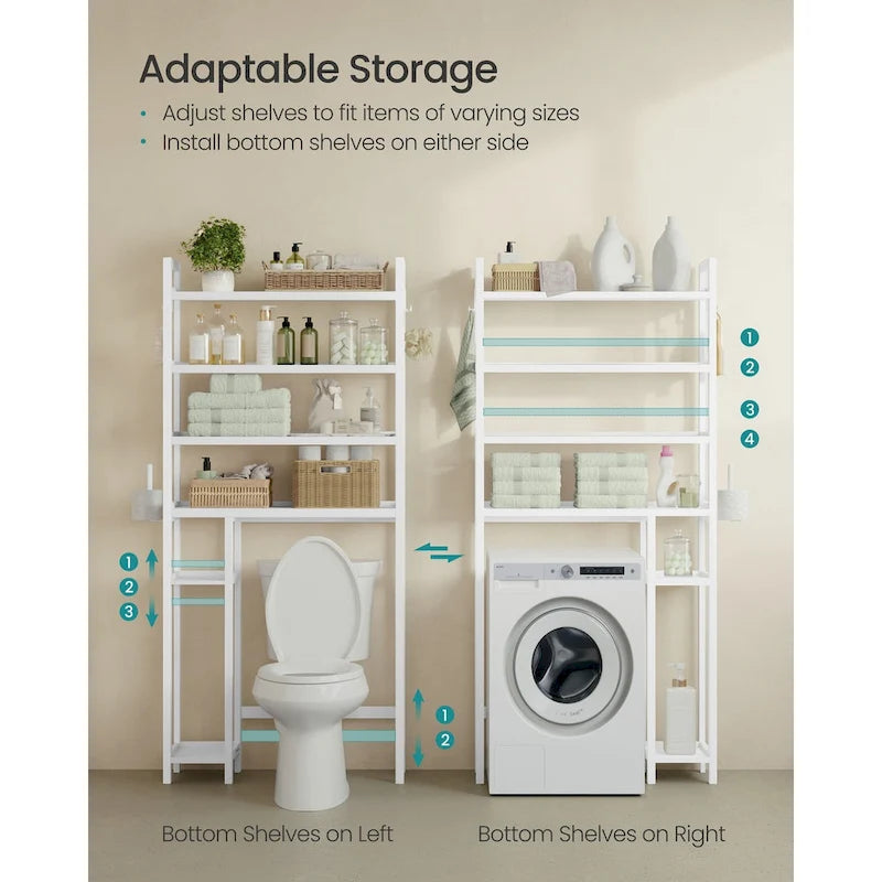 Étagère de rangement gain de place à 4 niveaux au-dessus des toilettes avec tablettes réglables et cadre en osier - 83 cm L x 26 cm l x 185 cm H