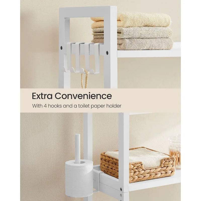 Étagère de rangement gain de place à 4 niveaux au-dessus des toilettes avec tablettes réglables et cadre en osier - 83 cm L x 26 cm l x 185 cm H