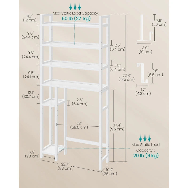 Étagère de rangement gain de place à 4 niveaux au-dessus des toilettes avec tablettes réglables et cadre en osier - 83 cm L x 26 cm l x 185 cm H