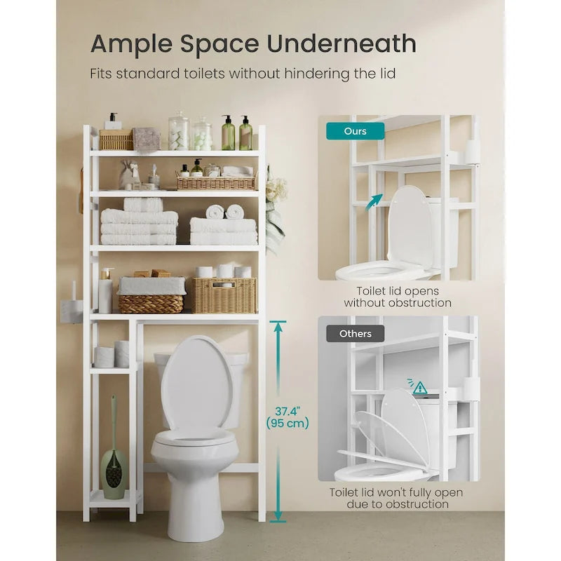 Étagère de rangement gain de place à 4 niveaux au-dessus des toilettes avec tablettes réglables et cadre en osier - 83 cm L x 26 cm l x 185 cm H