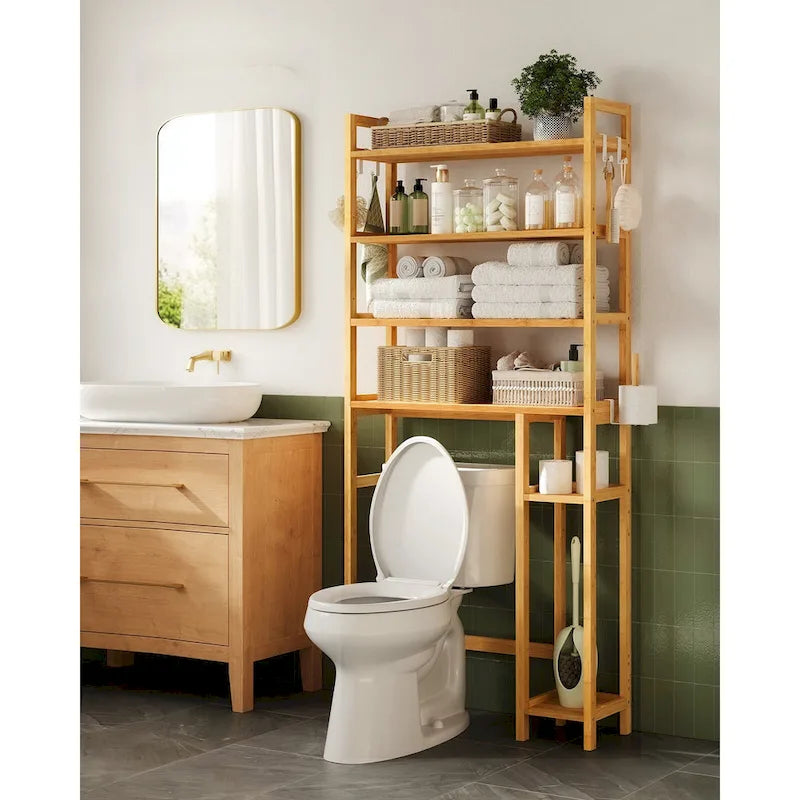 Étagère de rangement gain de place à 4 niveaux au-dessus des toilettes avec tablettes réglables et cadre en osier - 83 cm L x 26 cm l x 185 cm H