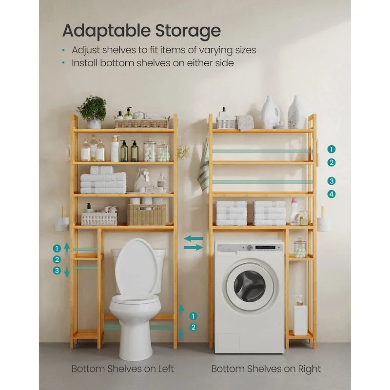 Étagère de rangement gain de place à 4 niveaux au-dessus des toilettes avec tablettes réglables et cadre en osier - 83 cm L x 26 cm l x 185 cm H