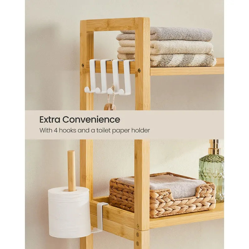 Étagère de rangement gain de place à 4 niveaux au-dessus des toilettes avec tablettes réglables et cadre en osier - 83 cm L x 26 cm l x 185 cm H