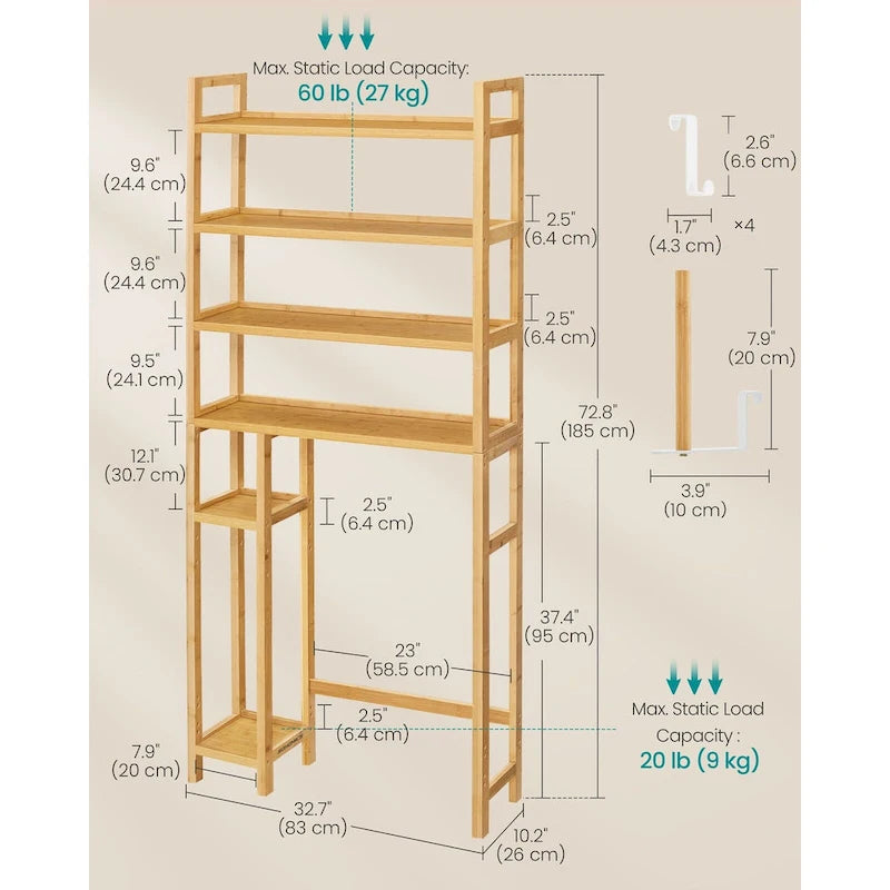Étagère de rangement gain de place à 4 niveaux au-dessus des toilettes avec tablettes réglables et cadre en osier - 83 cm L x 26 cm l x 185 cm H