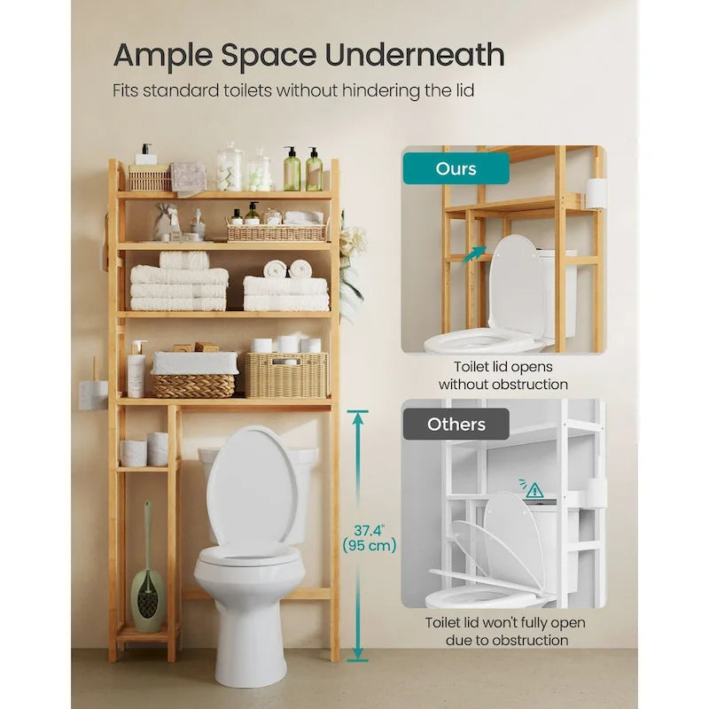 Étagère de rangement gain de place à 4 niveaux au-dessus des toilettes avec tablettes réglables et cadre en osier - 83 cm L x 26 cm l x 185 cm H