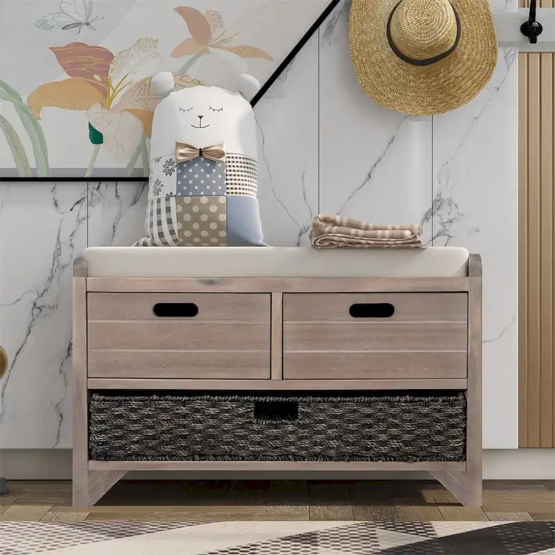Banc de rangement rustique avec panier et coussin amovibles