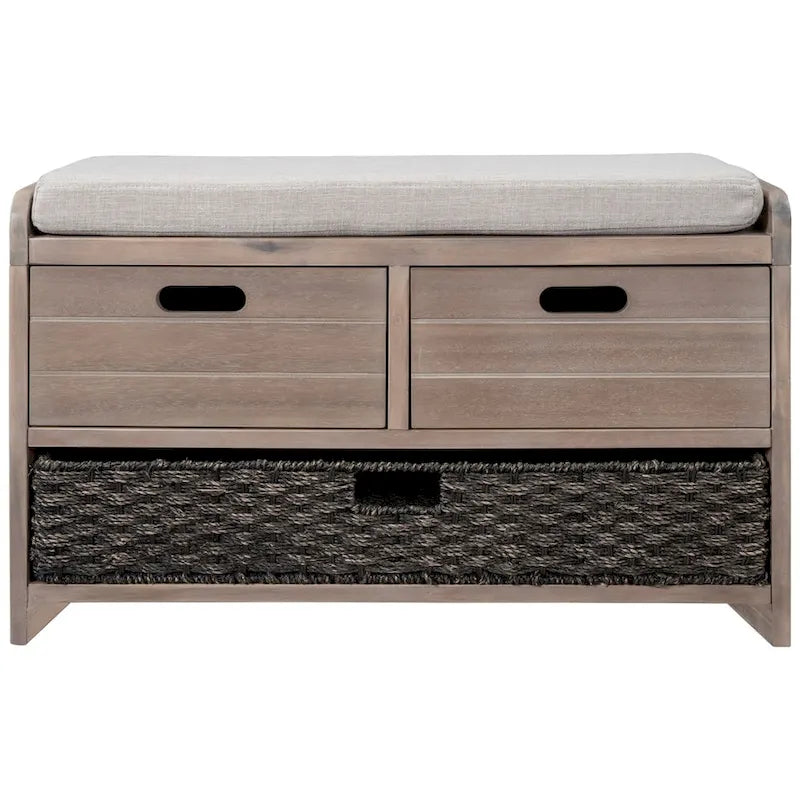 Banc de rangement rustique avec panier et coussin amovibles
