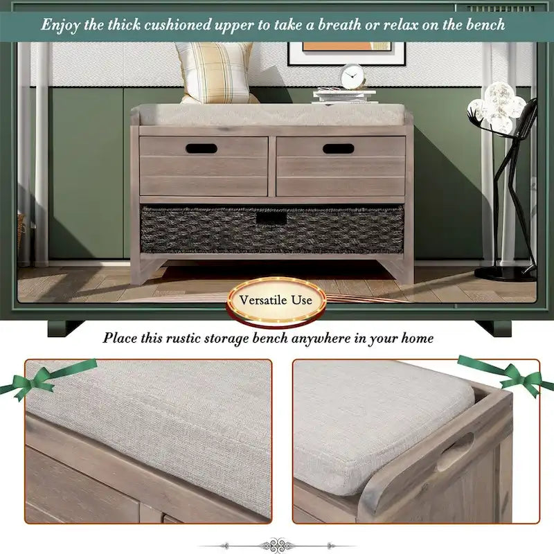 Banc de rangement rustique avec panier et coussin amovibles