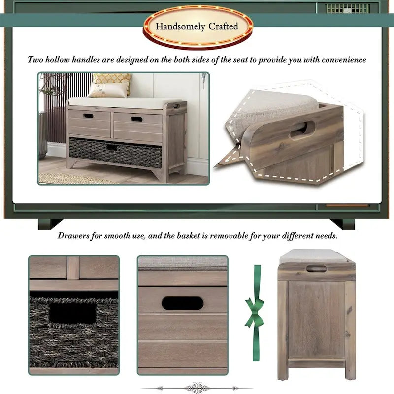 Banc de rangement rustique avec panier et coussin amovibles