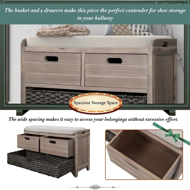 Banc de rangement rustique avec panier et coussin amovibles