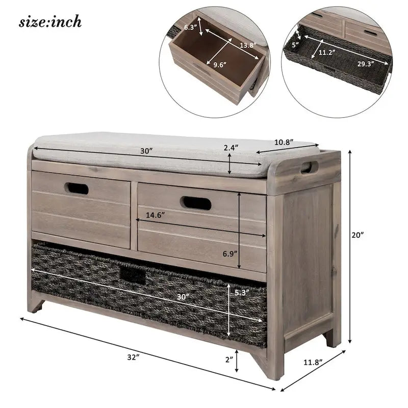 Banc de rangement rustique avec panier et coussin amovibles
