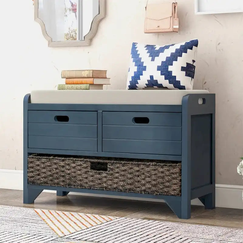 Banc de rangement rustique avec panier et coussin amovibles