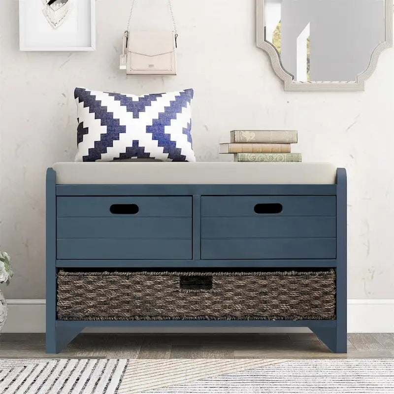 Banc de rangement rustique avec panier et coussin amovibles