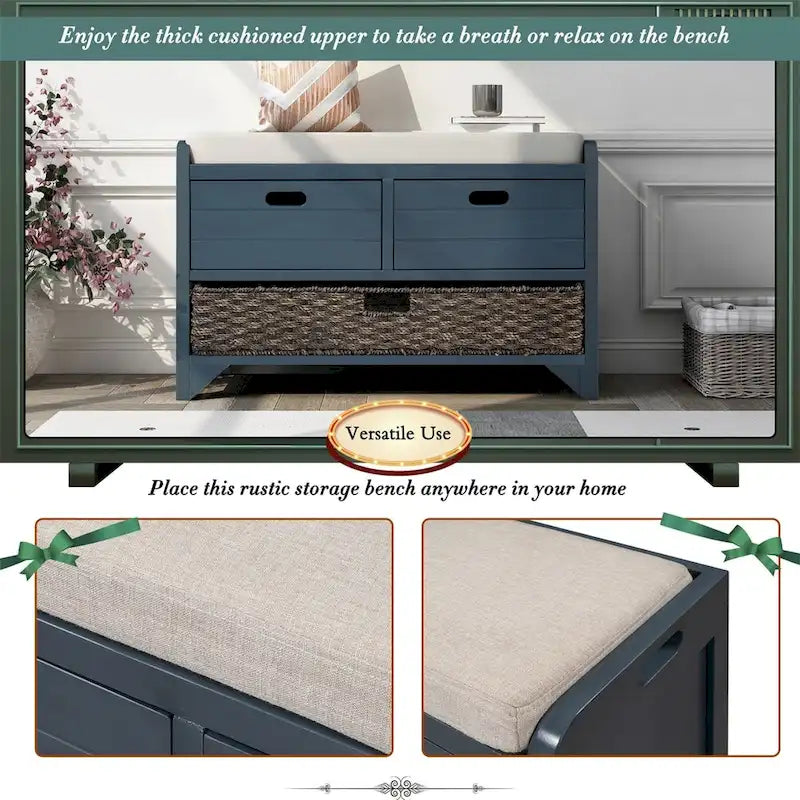 Banc de rangement rustique avec panier et coussin amovibles