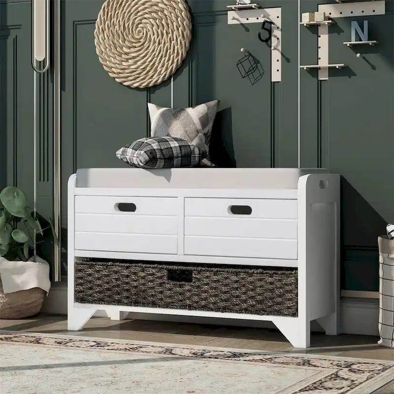 Banc de rangement rustique avec panier et coussin amovibles