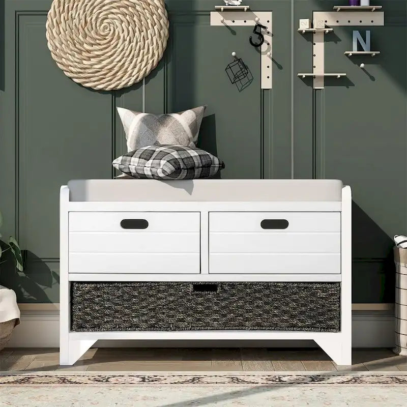 Banc de rangement rustique avec panier et coussin amovibles