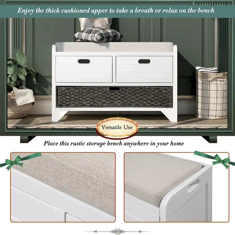 Banc de rangement rustique avec panier et coussin amovibles