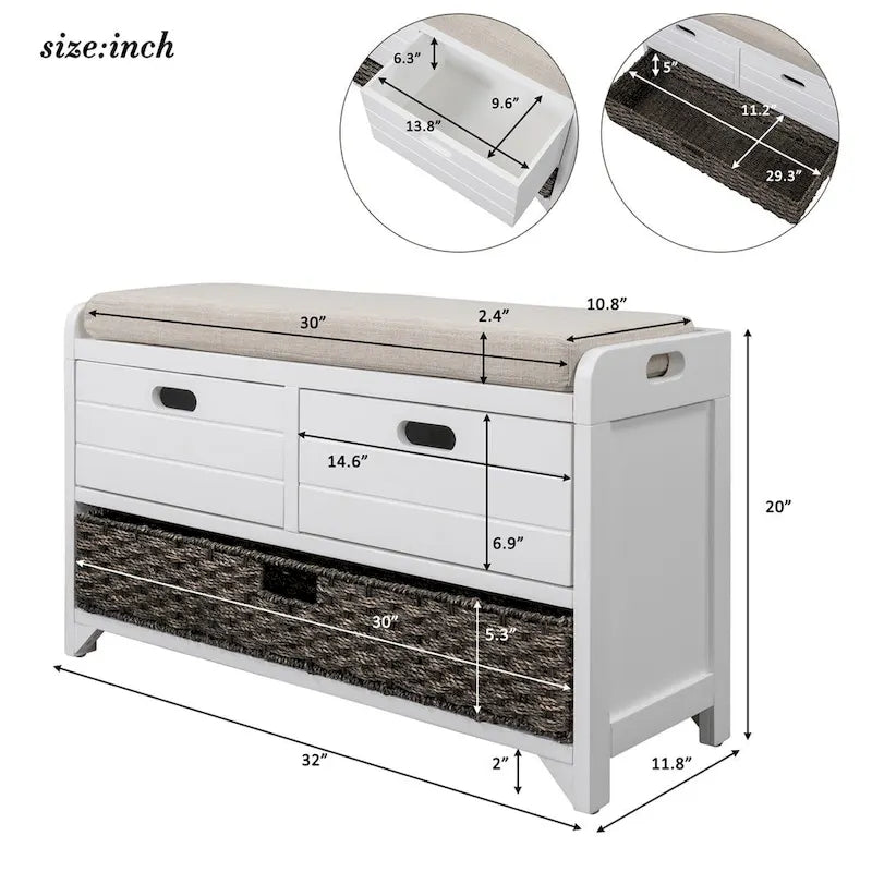 Banc de rangement rustique avec panier et coussin amovibles