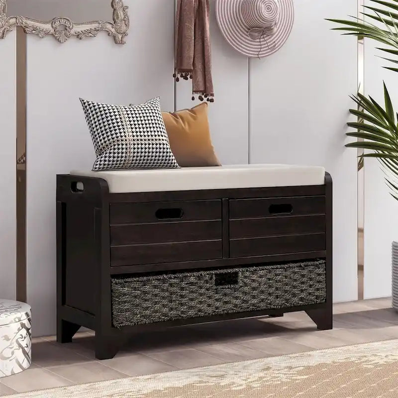 Banc de rangement rustique avec panier et coussin amovibles