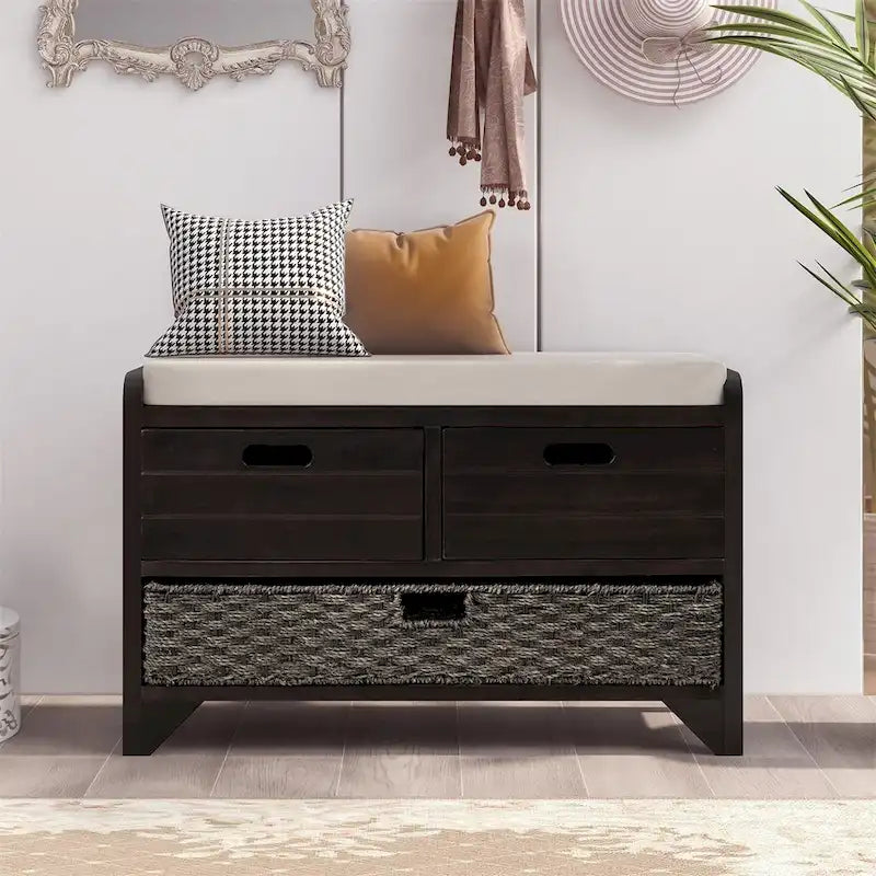 Banc de rangement rustique avec panier et coussin amovibles