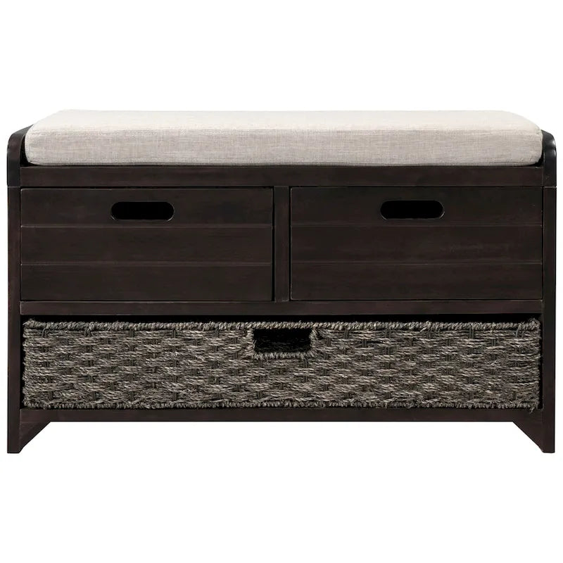 Banc de rangement rustique avec panier et coussin amovibles