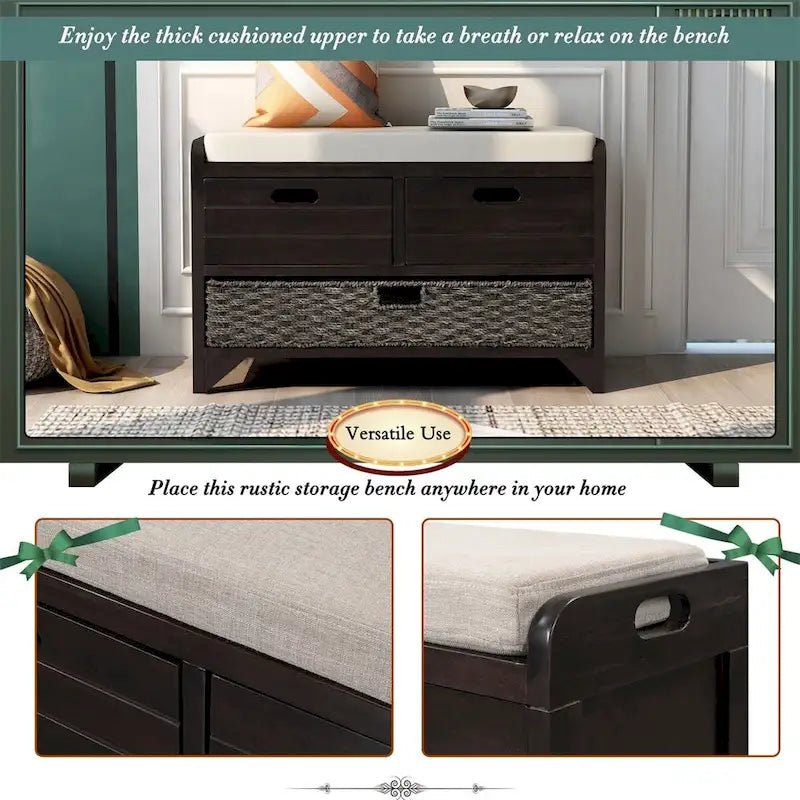 Banc de rangement rustique avec panier et coussin amovibles