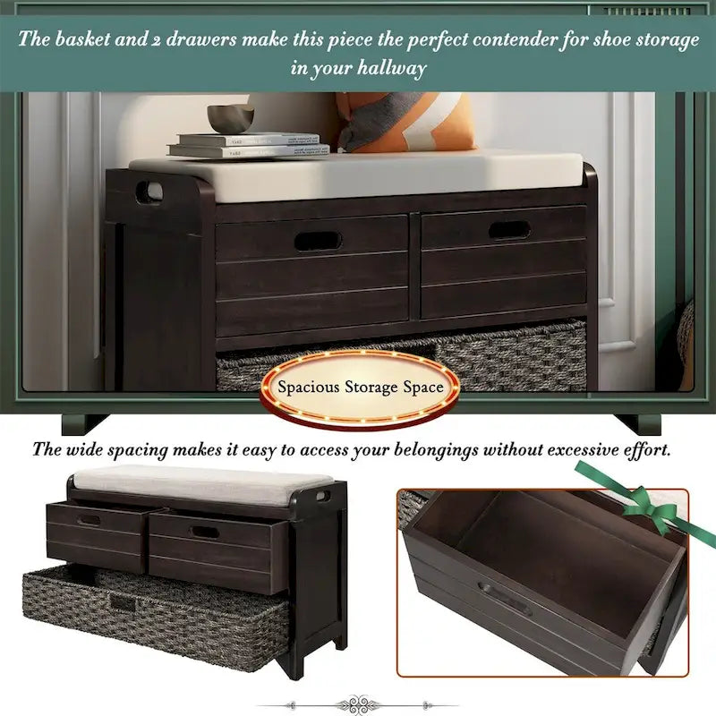 Banc de rangement rustique avec panier et coussin amovibles