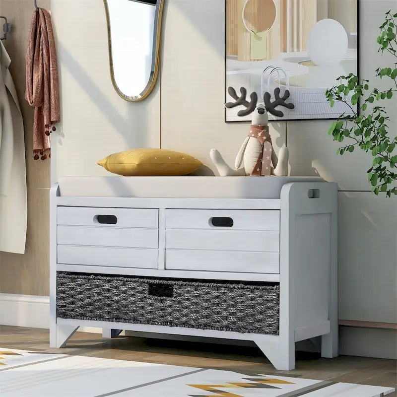 Banc de rangement rustique avec panier et coussin amovibles