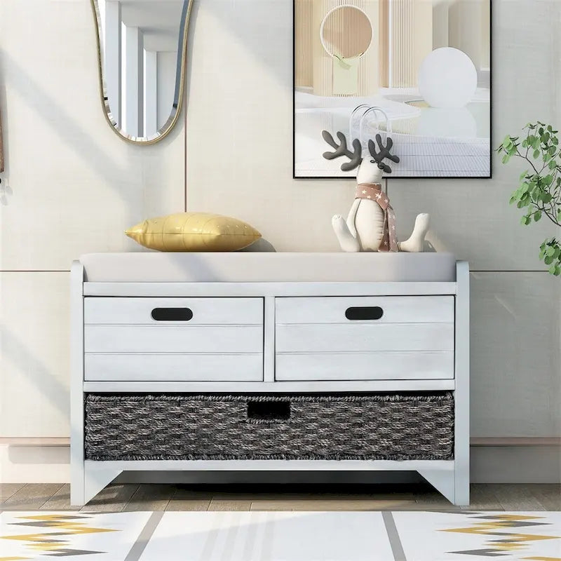 Banc de rangement rustique avec panier et coussin amovibles