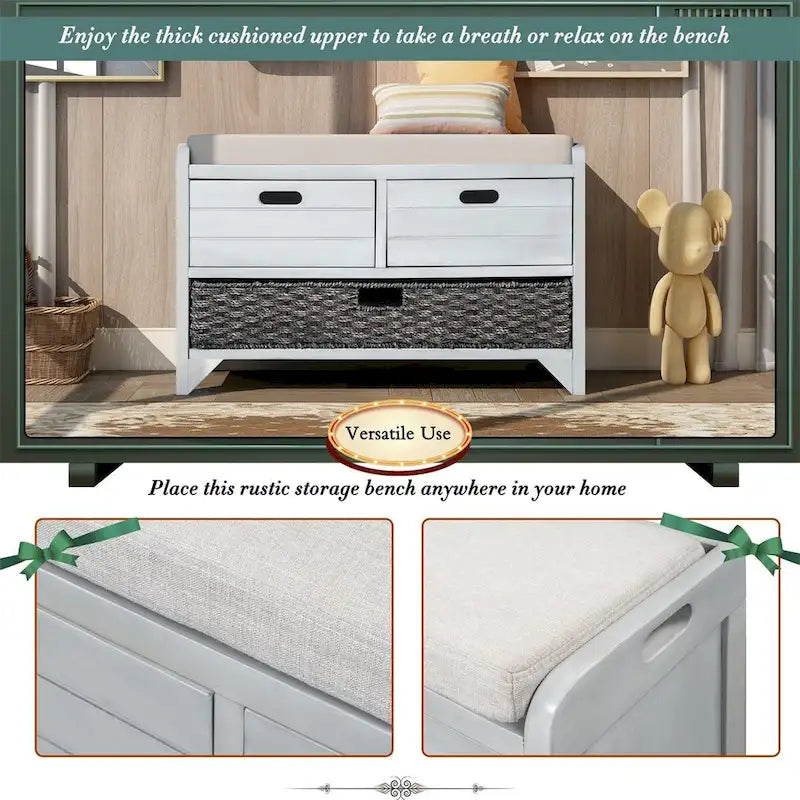 Banc de rangement rustique avec panier et coussin amovibles