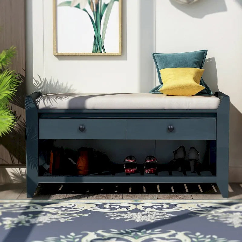 Banc de rangement pour entrée de 43 po avec porte-chaussures, siège rembourré et tiroirs