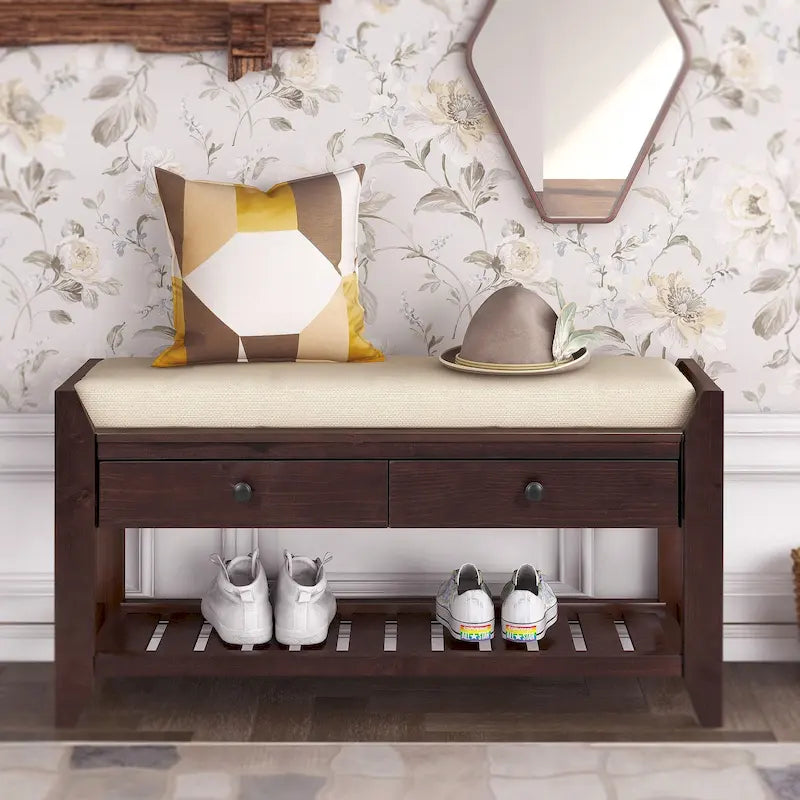 Banc de rangement pour entrée de 43 po avec porte-chaussures, siège rembourré et tiroirs