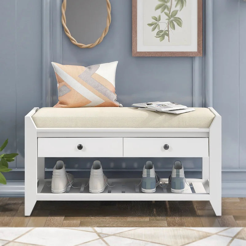 Banc de rangement pour entrée de 43 po avec porte-chaussures, siège rembourré et tiroirs