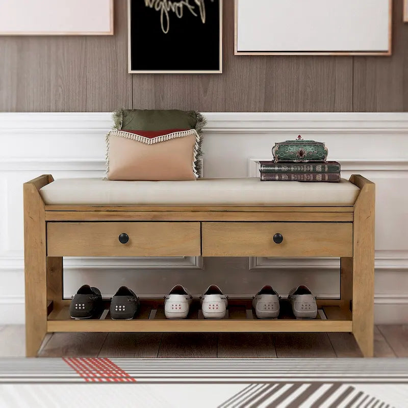 Banc de rangement pour entrée de 43 po avec porte-chaussures, siège rembourré et tiroirs